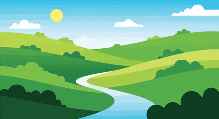 Obraz premium A stylized landscape featuring rolling hills, river, sun, and clouds