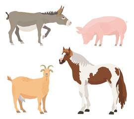 Fototapeta premium Collection cute vector hand drawn farm animals icon set. Cartoon donkey, pig, goat and horse character illustration isolated on white background.