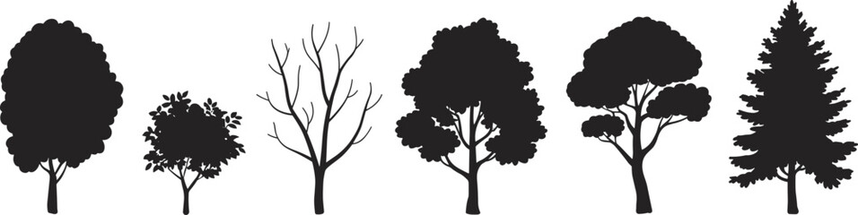 Various trees silhouettes collection set, deciduous and coniferous pine trees, nature forest and garden landscape elements © Al