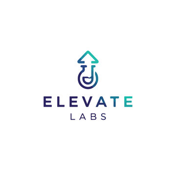 A stylized logo with an arrow-shaped upward, a lab flask, and text below