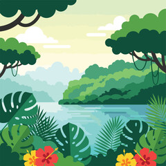 Fototapeta premium A stylized tropical landscape with a lake, flowers, and trees