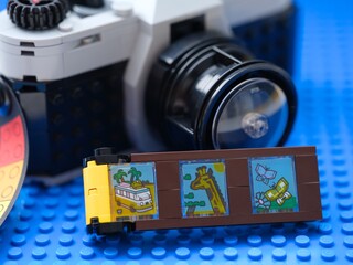 Fototapeta premium Tambov, Russian Federation - February 20, 2026 Lego Creator Retro Camera with film strip accessory with colorful printed scenes
