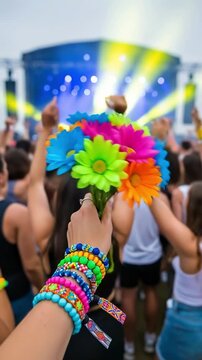 Young Woman Holding Neon Flowers and Kandi Bracelets at EDM Rave Music Festival