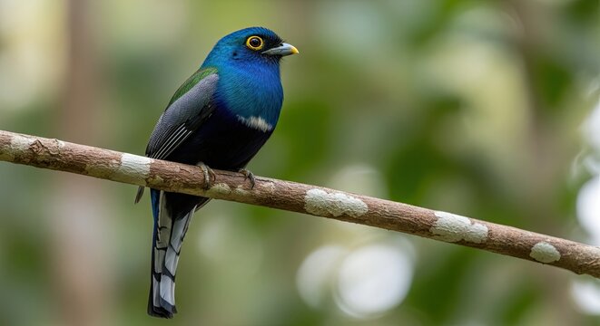 Iridescent tropical trogon perched on lichen covered branch, rainforest wildlife observation Concept