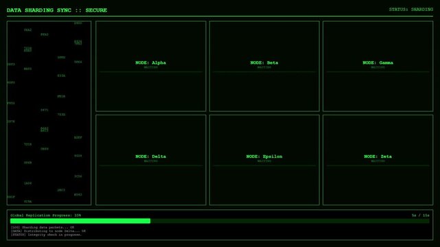Data Sharding Sync Visualization | Secure Distributed Database | Futuristic Node Network Background.