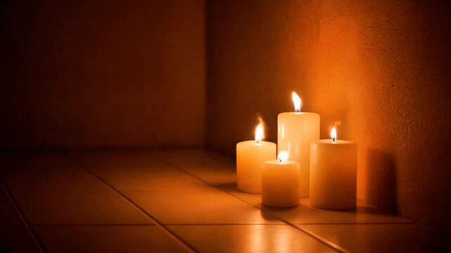 Four pillar candles glowing in corner ambient lifestyle motion scene. Seamless looping time-lapse animation video background