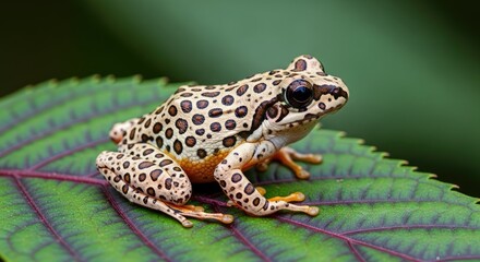 Fototapeta premium spotted tree frog perched on veined green tropical leaf, soft blurred foliage background, tropical wildlife concept