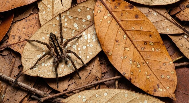 striped wolf spider on spotted dry forest leaves, earthy woodland camouflage Concept