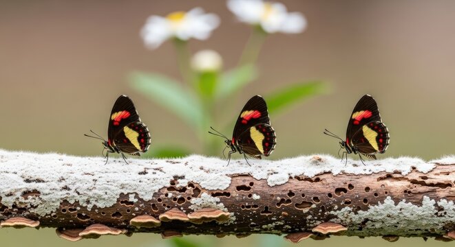 Three patterned butterflies perched on lichen-covered wooden branch, soft blurred wildflower background, peaceful wildlife concept
