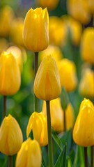 Obraz premium Close-up of vibrant yellow tulips blooming in a sunlit garden