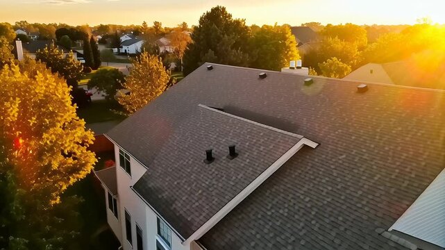 Drone showcases aerial view of suburban home concept. Beautiful suburban neighborhood with modern house surrounded by trees at sunset warm light