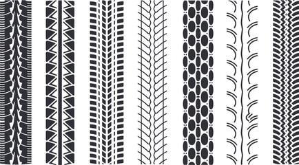 A diverse graphic design collection featuring various tire track patterns and vehicle tread marks, ideal for automotive-themed creative projects and backgrounds