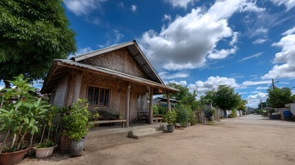 Fototapeta premium A simple rustic bamboo house with a porch stands beside a dirt road under a bright blue sky with scattered clouds surrounded by greenery