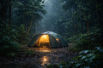 Rainforest Camping Tent in Heavy Rain with Warm Interior Light