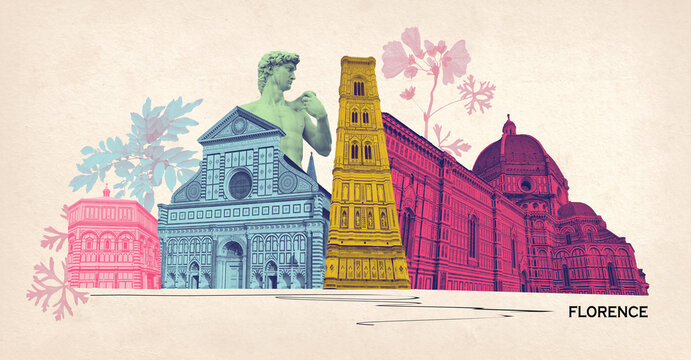 Collage of landmarks of Florence, Italy. Basilica of Santa Maria del Fiore or Basilica of Saint Mary of the Flower in Florence, Italy. Art design