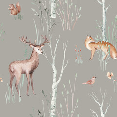Watercolor Woodland animals seamless pattern. Fabric wallpaper forest with baby deer. Owl, fox and butterfly, Bunny rabbit set of forest, bear and bird baby animal Nursery