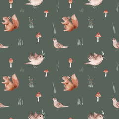 Watercolor Woodland animals seamless pattern. Fabric wallpaper forest with baby deer. Owl, fox and butterfly, Bunny rabbit set of forest, bear and bird baby animal Nursery