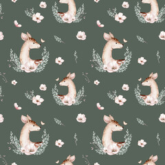 Watercolor Woodland animals seamless pattern. Fabric wallpaper forest with baby deer trees. bird baby animal Nursery backgrouns