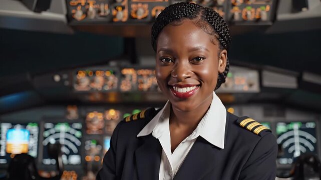 A closeup shot features a smiling woman in a pilot's uniform, complete with a dark suit and gold stripes on the epaulettes. The background shows the blurred instruments of the aircraft's cockpit.