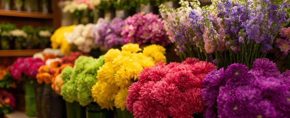 a colorful bouquet of chrysanthemums and daisies is displayed on the wall, creating an enchanting floral background. the flowers include various shades of pink, yellow, white, red, green, and purple, 