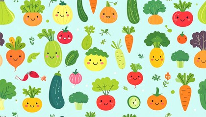 Whimsical illustration of smiling fruits and vegetables, like pumpkins, carrots, tomatoes, and cucumbers, against a light blue backdrop