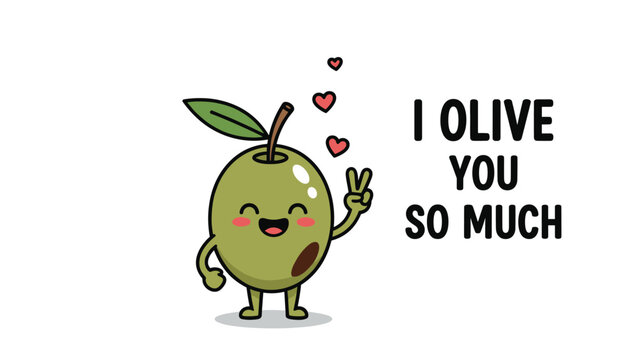 Happy green olive character making a peace sign with small hearts and a romantic pun message expressing love in vector.