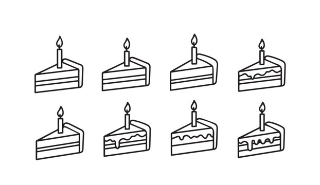 Set of Slices of Cake with Candles Minimalist Vector Icons for Celebration and Parties
