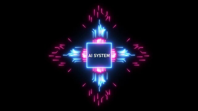 Neon AI System Symbol with Circuitry and Energy Pulses on Black AI SYSTEM artificial intelligence