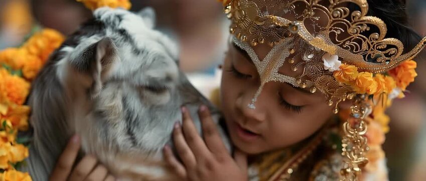 Hinduism and other Indian religions commemorate religious events like this one, in which the sacred cow is held by the cute child Krishna.