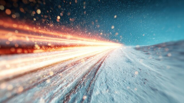 Snowy road with light streaks at night in a winter landscape