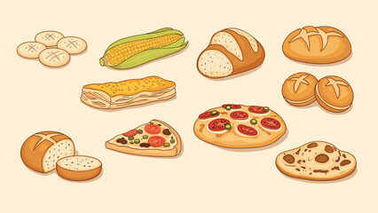 Diverse assortment of baked goods including corn, pizza slices, rolls, and flatbread are arranged in a colorful food composition.