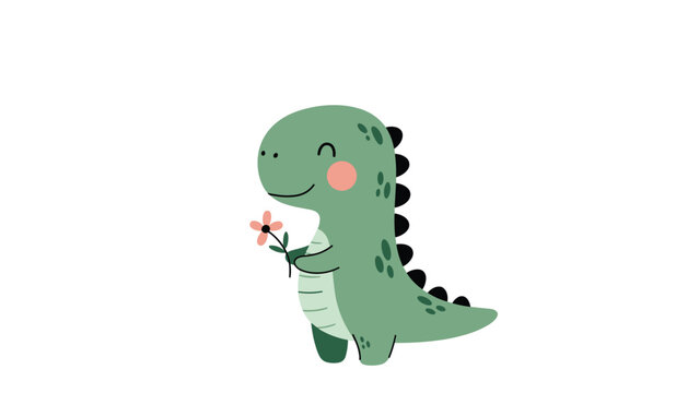 Adorable green dinosaur character is standing and holding a small pink flower in its hands in this cute cartoon illustration.