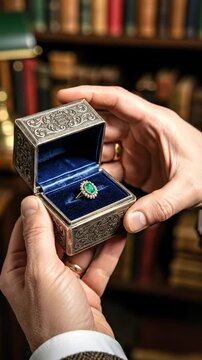 Man holding a Victorian style antique emerald engagement ring in an ornate silver box in a library