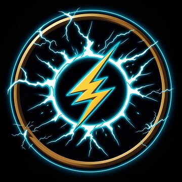 Electrifying bolt of energy in golden circle, perfect for dynamic power logos, futuristic tech and innovative designs with a jolt of inspiration