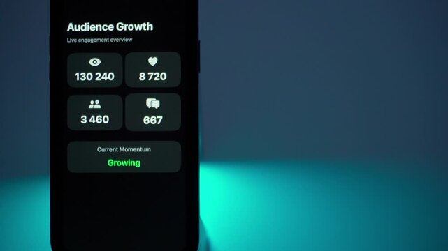 The smartphone displays blog statistics. The number of views, likes, subscribers and comments in live mode