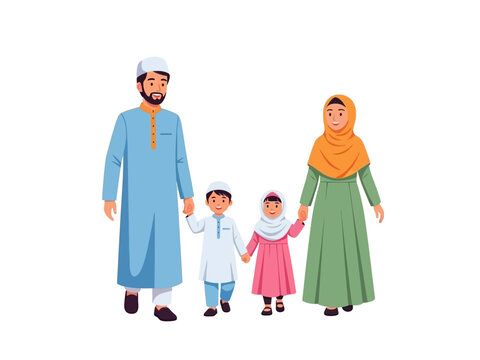 Muslim Family Walking Together in Modern Gamis and Koko Outfits