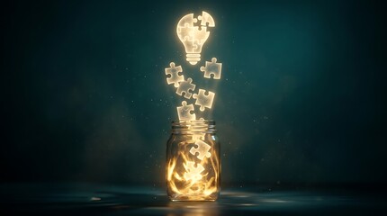 Illuminated Light Bulb with Puzzle Pieces Exploding from Glass Jar Symbolizing Innovation and Creativity