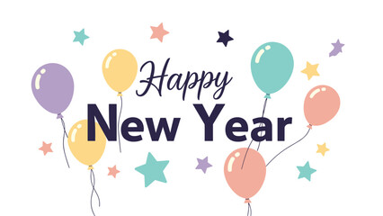 Festive happy new year greetings with colorful balloons and stars scattered across a clean white background for a joyful start to the new year.