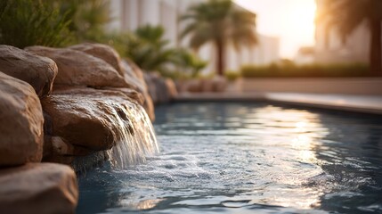 Serene waterfall cascading into a tranquil pool at sunset with warm golden light reflecting on the water and palm trees in the background