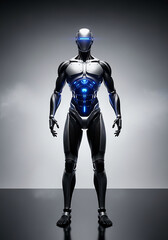 Fototapeta premium Futuristic humanoid robot with blue glowing lights standing in a dark environment.