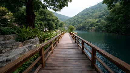 Obraz premium A wooden bridge stretches across a serene lake leading towards lush green mountains under a cloudy sky