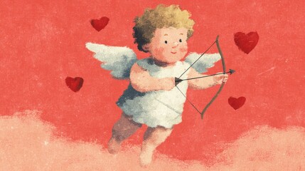 Naklejka premium Cute angel with bow and arrow shooting hearts in a colorful background