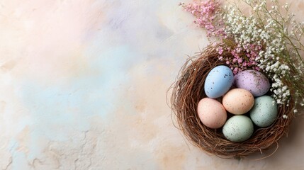 Obraz premium Spring celebration with colorful eggs in a nest on a soft background
