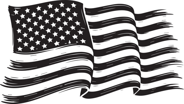 A dynamically waving American flag is rendered with a brushed, artistic texture in black and white.