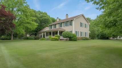 Fototapeta premium Side view of a beige farmhouse with green shutters and expansive lawn under a clear sky