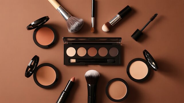 Professional makeup cosmetics set with brushes palette and beauty products on brown background