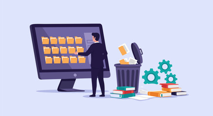 Digital cleanup and organization vector illustration of a man organizing files on a computer screen near a trash bin and gears