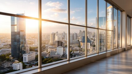 Fototapeta premium Modern Office Interior with Panoramic City View at Sunrise, Urban Landscape and Skylines in Morning Light