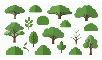 Fototapeta premium Green forest trees and bush foliage vector illustration set natural environment shapes isolated on white background