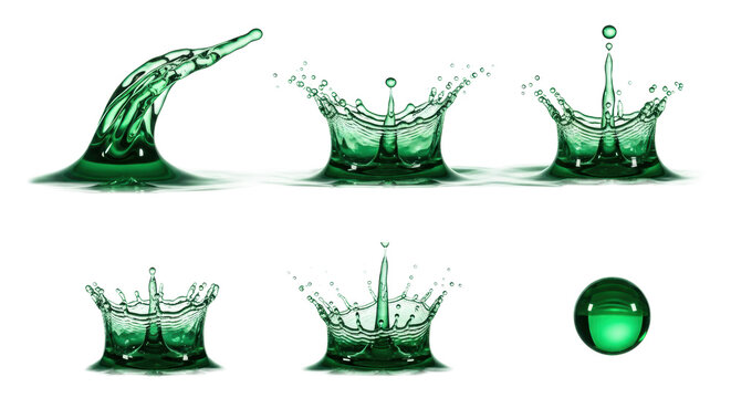 hyper-photorealistic macro shot of six dynamic emerald green water sculptures (crests, crown splashes, spherical droplet) frozen mid-motion by stroboscopic flash on white. concept of dynamic kinetic